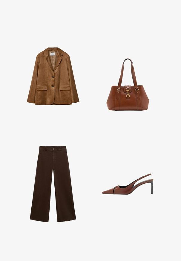 Bruine suède blazer met twee voorzakken, notch-kraag en een sluiting met twee knopen. Gladde textuur en gestructureerde vorm.; Bruine korte mouwen top met een ronde hals, gemaakt van textuurstof. Kenmerkt zich door een relaxed fit en een licht golvende zoom. Schoon, minimalistisch design.; Bruine wijde broek in katoenmix, met een rafelige zoom, sluiting met een knoop aan de voorkant en een klassieke vijf-pocketstijl. Minimalistisch en veelzijdig.; Bruine leren slingback hakken met een spitse neus, uitsnijding bij de bovenkant en een elegante stilettohak. Glad oppervlak.; Bruine leren handtas met dubbele banden, een afgeronde vorm, gouden hardware en een centrale sluiting. Gladde textuur met gestikte accenten.