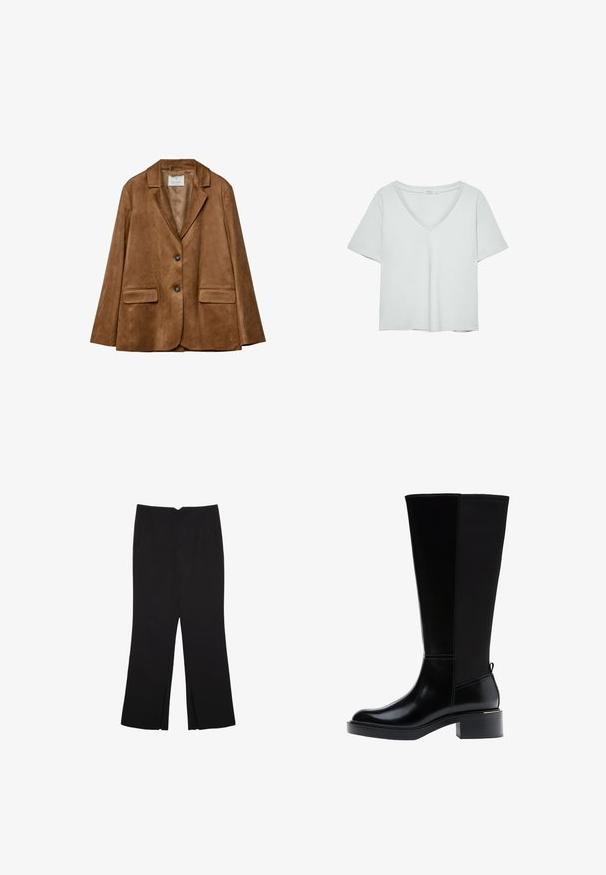 Blazer in suede marrone con due tasche frontali, rever a giornata e chiusura a due bottoni. Texture liscia e forma strutturata.; T-shirt grigio chiaro a maniche corte con scollatura a V, realizzato in materiale morbido; presenta una vestibilità rilassata e cuciture pulite senza motivi.; Pantaloni neri a gamba dritta, con tasche frontali e spacchi laterali all'orlo. Realizzati in tessuto morbido e liscio. Adatti a diverse occasioni.; Stivale nero fino al ginocchio in pelle liscia, con evidenti cuciture, tacco spesso e pannello posteriore testurizzato per un tocco di interesse in più.