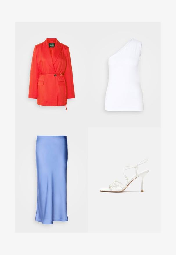Scotch & Soda BELT DETAIL - Puspaltis - flame red; Asimetrinė balta marškinė su viena petneša, pagaminta iš lygios medžiagos, turi siaurą siluetą ir švarius kraštus.; Satinė mėlyna midi sijonas su glotnia, blizgia danga. Platėjanti siluetas, apatinė kraštas švelniai lenkiasi, pabrėždamas savo sklandų dizainą.; Baltas dirželis su aukštu kulnu sandalai su plokščiu pirštu, tekstūruota priekinė dalis su susiraukšlėjimais ir plonas kulkšnies dirželis.
