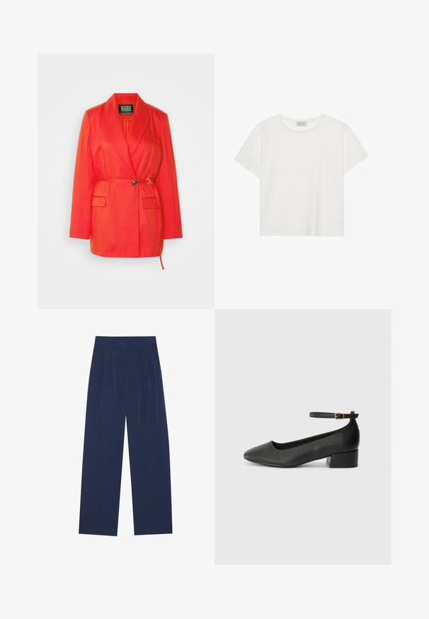 Scotch & Soda - Krótki płaszcz; Biała koszulka z krótkim rękawem wykonana z miękkiej bawełny. Posiada okrągły dekolt i luźny krój. Czysty design bez widocznych wzorów czy akcentów.; Granatowe spodnie o szerokich nogawkach, wykonane z miękkiego materiału, z przodem w kant, gładką fakturą i prostym krojem bez widocznych kieszeni.; Czarne skórzane szpilki z ostrym noskiem i niskim słupkowym obcasem. Wyposażone w pasek na kostkę z złotym zapięciem. Gładka tekstura.