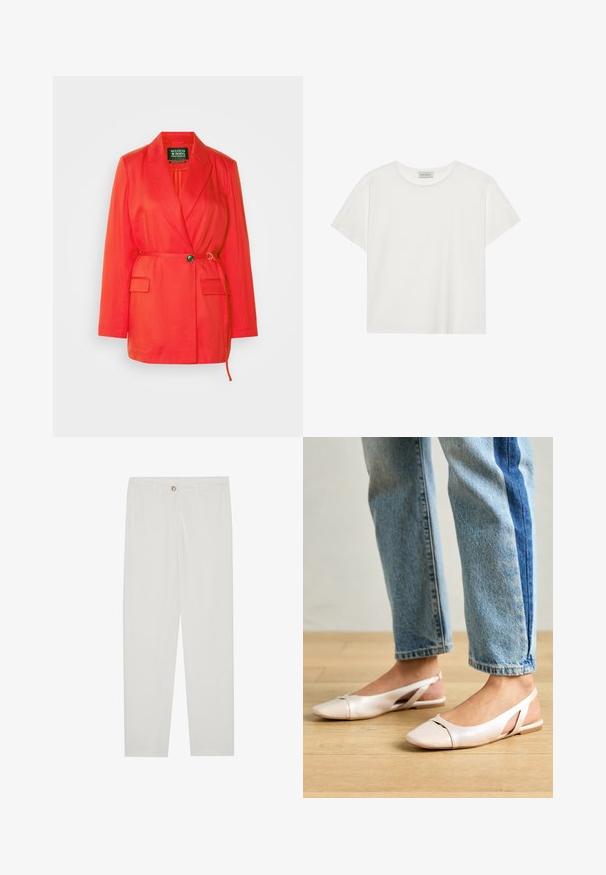 Scotch & Soda BELT DETAIL - Cappotto corto - flame red; T-shirt bianco a maniche corte realizzato in morbido cotone. Presenta un collo rotondo e una vestibilità comoda. Design pulito senza modelli o dettagli visibili.; Pantaloni bianchi su misura con design a gamba dritta, dotati di chiusura a bottone, passanti per cintura e tasche laterali; tessuto morbido.; Ballerine slingback rosa pallido con punta affusolata, realizzate in un materiale simile alla pelle liscio. Presentano dettagli a taglio sui lati e un tacco piatto.