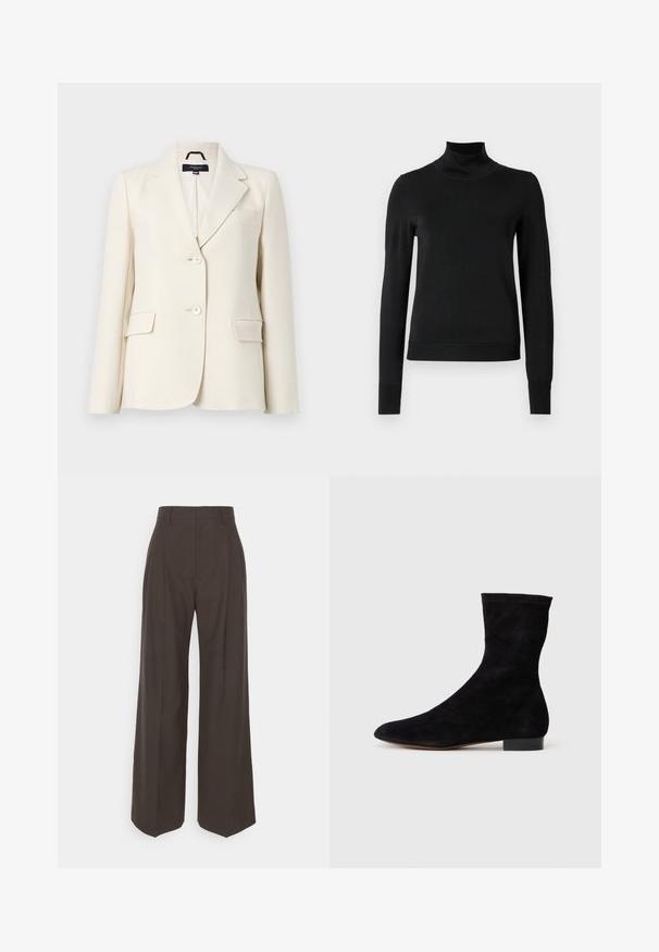 Blazer ivoire en tissu lisse, avec un col cranté, deux boutons et deux poches avant, au design épuré et structuré.; Pull à col roulé noir à manches longues avec des poignets et un ourlet côtelés, présenté sur un fond blanc uni.; Pantalons larges marron foncé à taille haute, avec des plis soigneusement marqués, une texture lisse et une coupe ajustée.; Bottine en suede noir avec une tige ajustée, un bout pointu et un petit talon bloc. Texture lisse et design minimaliste, adaptée à un styling polyvalent.