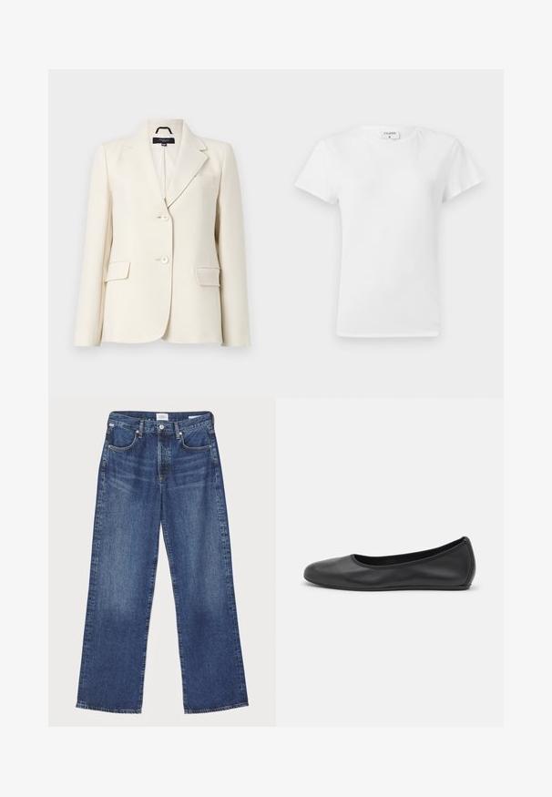 Blazer avorio realizzato in tessuto morbido, con rever a punta, due bottoni e due tasche anteriori, caratterizzato da un design pulito e strutturato.; T-shirt bianco in cotone con colletto a girocollo e maniche corte, caratterizzato da una vestibilità rilassata e un design minimalista. Etichetta visibile sul collo.; Citizens of Humanity ANNINA - Jeans a sigaretta - westwood dark indigo; Pantofole da balletto nere in pelle con punta arrotondata, texture liscia, dettagli di cucitura minimi e design con suola flessibile.