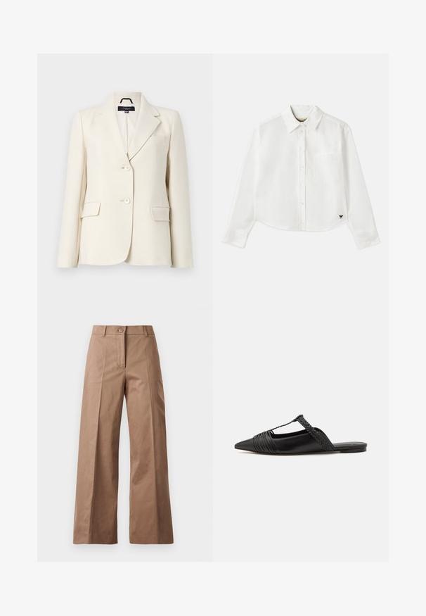 Blazer ivoire en tissu lisse, avec un col cranté, deux boutons et deux poches avant, au design épuré et structuré.; Chemise blanche à manches longues raccourcie en coton. Elle présente un devant à boutons, une poche sur la poitrine et un petit logo noir en bas à gauche.; Pantalons larges marron en tissu lisse, dotés d'une fermeture à bouton à l'avant, de deux poches avant et de lignes nettes et ajustées.; Chaussure en cuir noir à talon ouvert avec un bout pointu, présentant un accent tressé et un design supérieur plissé. Semelle plate avec un matériel minimal.