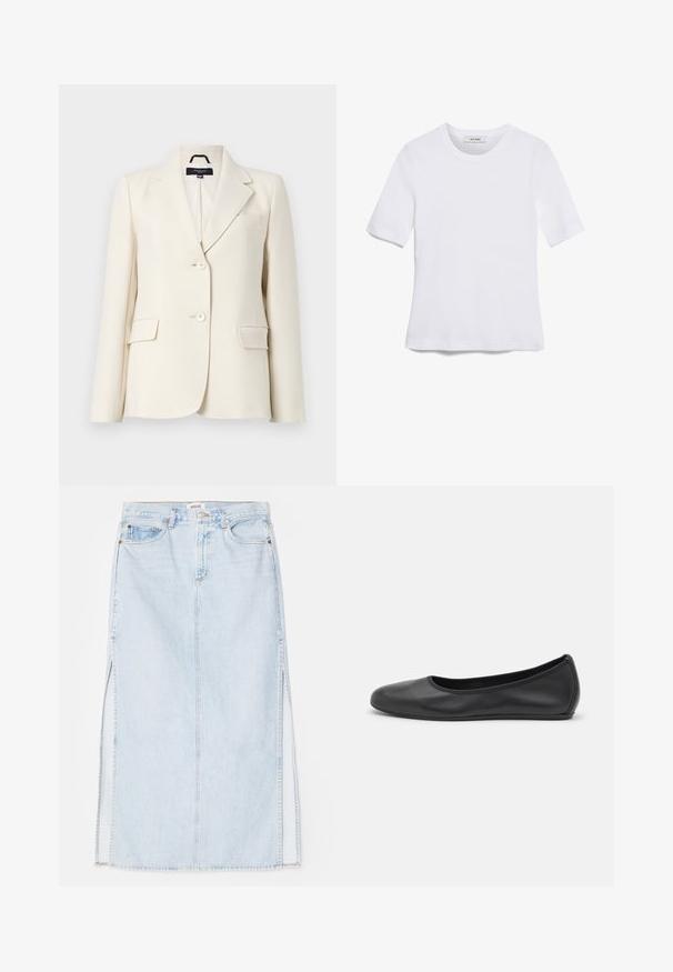 Blazer de marfil hecho de tela suave, con solapa muesca, dos botones y dos bolsillos frontales con un diseño limpio y estructurado.; Camiseta de manga corta blanca hecha de tela de canalé. Cuello redondo, corte regular y detalles de costura sutiles. Sin patrones ni gráficos.; Falda maxi de mezclilla azul claro con corte recto, que presenta aberturas laterales y diseño de cinco bolsillos. Costuras prominentes y cierre de botón metálico.; Bailarina de piel negra con punta redondeada, textura suave, detalle de costura minimalista y diseño de suela flexible.