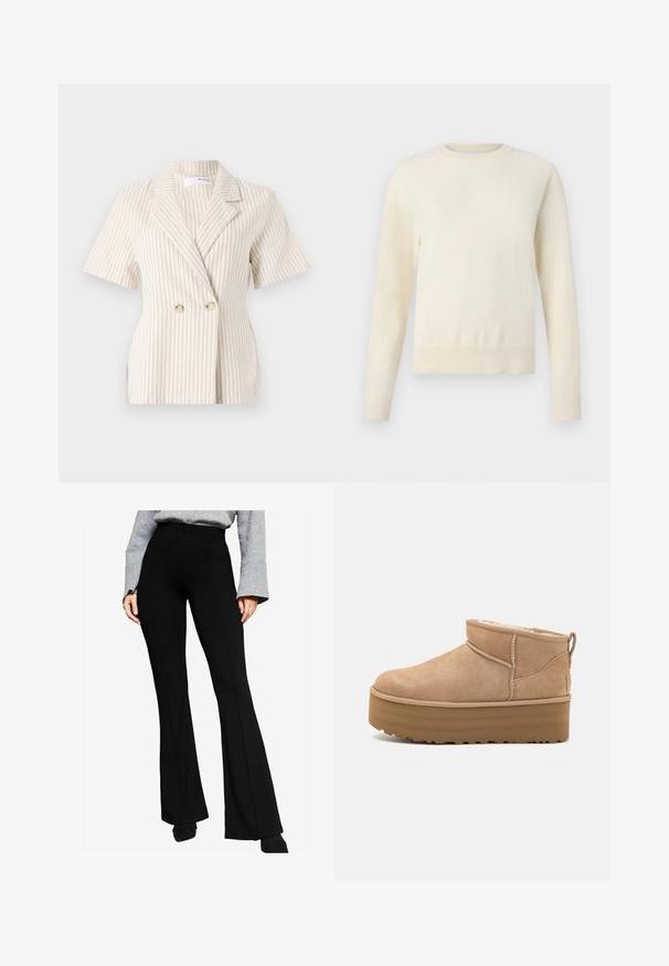 Bežs žakets ar īsām piedurknēm, dubultās svītras dizains, vertikālas svītras, divi lieli pogas un iedobta apkakle. Gluda tekstūra.; Gai krēmkrāsas džemperis ar garām piedurknēm, apaļu kakla izgriezumu un ribotu apakšmalu. Izgatavots no mīksta materiāla ar gludu tekstūru.; Melni izplestie bikses no stiepjama auduma ar augstu jostu un šuvēm priekšā, apvienoti ar pelēku garām piedurknēm topu.; Bežīgas zamšādas potītes ar mīkstu iekšpusi, kas aprīkotas ar platformas zoli un aizmugurē esošu cilpu vieglai uzvilkšanai. Strukturēta gumijas zole.