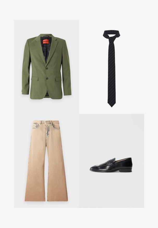 Olíva zöld blézer két elülső gombbal, hajtókás gallérral és egyetlen mellzsebbel; bélését mintás fekete anyag borítja belül.; Fehér, hosszú ujjú ing, texturált anyagból készült, klasszikus gallérral, gombos elülső résszel és egyenes aljjal, laza szabásban.; Beige széles lábú farmer, megfakult textúrával, öt zsebes kialakítással és varrással a varratok mentén. A derék hagyományos gombos záródással rendelkezik.; Fekete bőr loaferek sima felülettel, hegyes orral és diszkrét varrási részletekkel. Lapostalpú, oldalán dombornyomott logóval rendelkezik.; Fekete nyakkendő átlós kék csíkokkal, sima anyagból készült. Tapered végződés jellemzi, és a tetején egy csomós hurkot található.