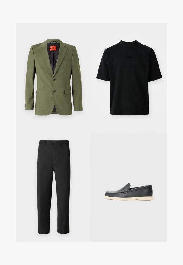 Maslena blazer z dvema sprednjima gumboma, s špicastimi reverji in enim žepom na prsih; podložen s črnim vzorčastim materialom znotraj.; Črna kratka majica s kratkimi rokavi, izdelana iz bombaža, z visokim ovratnikom, z gladko teksturo in diskretnim logotipom na sredini.; Črne hlače s ravnim krojem, izdelane iz gladkega materiala. Imajo gumbe za zapiranje in zanke za pas. Brez vidnih vzorcev ali dodatkov.; Črne usnjene natikače z teksturiranim zaključkom in kontrastno bež gumo na podplatu. Imajo subtilen naglas vzdolž sprednje strani.