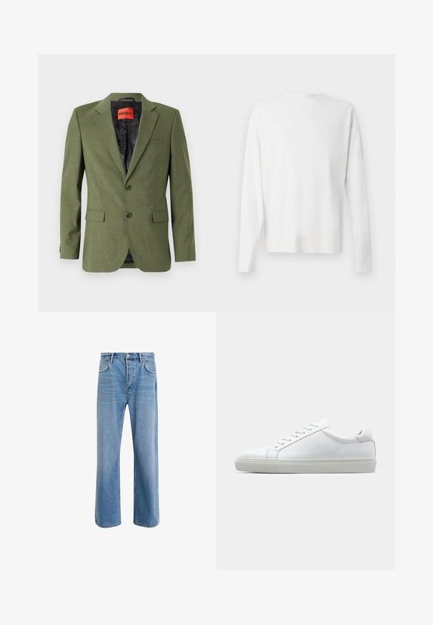 Olivgrüner Blazer mit zwei vorderen Knöpfen, Reverskragen und einer einzelnen Brusttasche; innen mit einem gemusterten schwarzen Stoff gefüttert.; Langärmliges weißes Baumwollhemd mit rundem Ausschnitt, seitlichen Schlitzen am unteren Rand und glatter Textur, von hinten präsentiert.; Helle blaue Jeans im Geradeschnitt-Design, mit fünf Taschen, Knopfverschluss, minimaler Ausbleichung und kontrastierenden Nähdetails.; Weißer Sneaker mit glattem Lederobermaterial und niedrigem Profil. Verfügt über eine runde Zehenpartie, sechs Ösen und eine strukturierte Gummisohle.