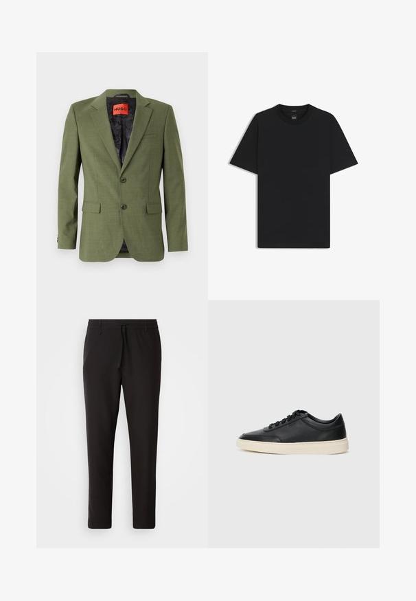 Blazer verde oliva con due bottoni frontali, rever a lancia e una tasca sul petto; foderato all'interno con un tessuto nero a fantasia.; Maglietta nera a maniche corte realizzata in un morbido misto cotone, con scollatura a girocollo e un design minimalista senza motivi o dettagli.; Pantaloni jogger neri realizzati in tessuto liscio. Presentano una vita elasticizzata con stringa, gambe affusolate e senza tasche visibili. Design semplice.; Sneaker in pelle nera a basso profilo con lacci neri e suola avorio, mostrato di profilo su sfondo bianco.