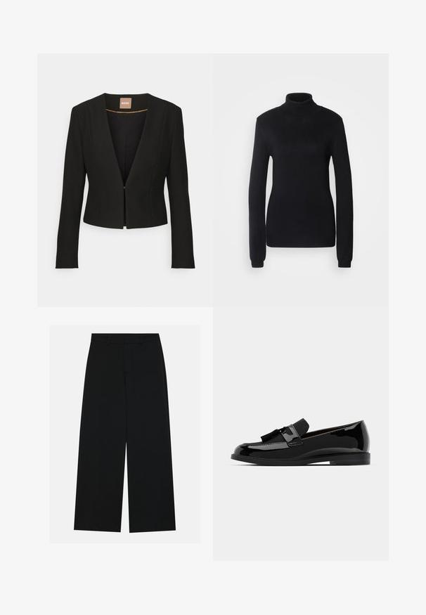 Melna īsa žakete ar dziļu V veida kakla izgriezumu, garām piedurknēm un vienu priekšējo sprādzi. Izgatavota no gludas, izturīgas auduma ar vieglu spīdumu.; Melns augsta kakla džemperis, izgatavots no mīksta adīta auduma, ar garām piedurknēm un pieguļošu siluetu, kuram ir ribota apkakle un apakšmalā.; Platām kājām melni bikses, izgatavotas no gludas auduma. Ar plakanu jostasvietu un jostu cilpiņām, bez redzamām kabatām. Vienkāršs dizains.; Melnas patentētas ādas loafers ar platu papēdi, papildināti ar pušķi un gludu virsmu, izstrādāti ar noapaļotu purngalu un smalku dūrienu.