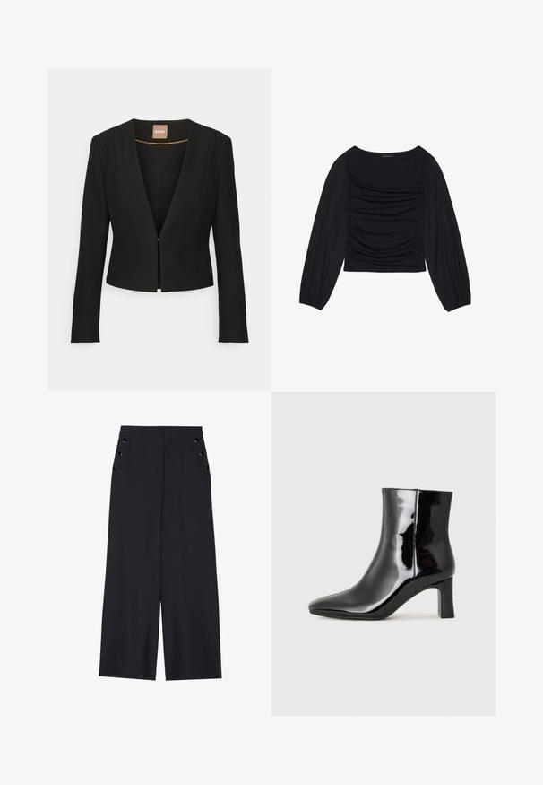 Črn skrajšan blazer z globokim V-izrezom, dolgimi rokavi in enim sprednjim zaponko. Narejen iz gladkega, trpežnega materiala z diskretnim sijajem.; Črn top z dolgimi rokavi, ki se ponaša z nabranimi detajli na sprednji strani in zapestjih. Narejen je iz mehkega, raztegljivega materiala z obliko čolnastega izreza.; Široke hlače iz temno modrega materiala, z gladko teksturo, sprednjimi gubami in dekorativnimi zlatimi kopčami na stranskih žepih.; Črne lakirane gležnjarje z ošiljenim nosom in srednje visokim blokastim peto. Gladka tekstura in minimalističen dizajn.