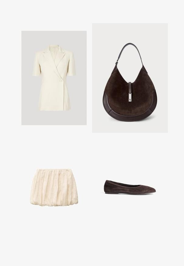 Vaate blazer lyhyillä hihoilla, väri kerma, jossa on sakara kaulus, kaksirivinen malli ja yksi nappikiinnitys. Sujuva, muotoiltu kangas.; Valkoinen ribbikoosteinen hihaton paita, jossa on suorakulmainen kaula-aukko ja leveät olkaimet. Kangas on tekstuuriin ja joustavuuteen perustuva.; Ivory lyhyt hame, joka on valmistettu kevyestä, kohokuvioidusta kankaasta. Hameessa on poimutettu muotoilu ja joustava vyötärö. Rentoa ja monikäyttöistä eri asukokonaisuuksiin.; Ruskeat mokka ballerinat, joissa on terävä kärki ja matala profiili. Ominaisuuksiin kuuluu sileä pintakuvio ja minimalistinen muotoilu. Ei näkyvää metallia tai koristeita.; Ruskea mokkanahkainen hobo-laukku, jossa on sileä nahkapohja ja olkahihna. Ominaisuuksiin kuuluu hopeinen logoaksentti ja ylhäältä suljettava vetoketju.