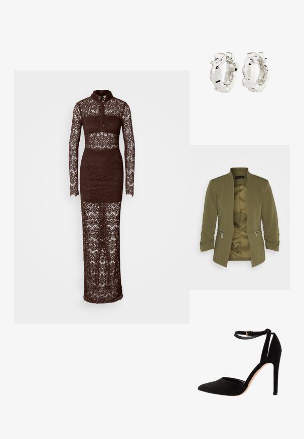 Maslinasto zeleni lagani sako sa glatkim podstavljanjem, otvorenim prednjim dijelom i dva džepa sa patentnim zatvaračem. Ima nabrané rukave i nema ovratnika.; Smeđa čipkasta haljina dugih rukava s visokim ovratnikom, usko krojena silueta i komplicirani cvjetni uzorci na tkanini, s prozirnim dizajnom.; Crne antilop cipele s visokom petom, s špicastim prstom, remenom oko gležnja i stiletto potpeticom. Dizajn se odlikuje glatkom teksturom i minimalnim detaljima.; Srebrne naušnice u obliku obruča s teksturiranim, nepravilnim dizajnom. Površina je reflektirajuća, prikazujući zakrivljenosti i konture. Unutarnji prostor je šuplji.
