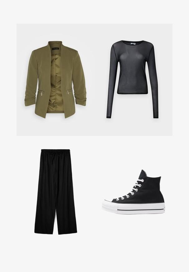 Olijfgroene lichtgewicht blazer met een gladde voering, open voorkant en twee ritszakken. Heeft gerimpelde mouwen en geen kraag.; Zwarte lange mouw top van transparant materiaal, met een ronde halslijn en een slanke pasvorm, voorzien van fijn afgewerkte zomen.; Zwarte wijde broekspijpen gemaakt van lichtgewicht stof, met een elastische tailleband en een trekkoord voor een verstelbare pasvorm. Soepele textuur.; Hoge zwarte canvas sneaker met witte oogjes, veters en rubberen zool. Beschikt over een gestructureerde neuskap en zwart-witte streepaccenten.