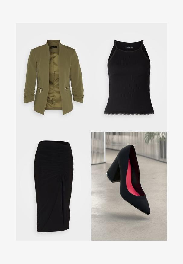 Blazer leggero verde oliva con fodera liscia, apertura frontale e due tasche con zip. Presenta maniche arricciate e sprovvisto di colletto.; Top in maglia nera a coste con bordo in pizzo ondulato all'orlo. Presenta spalline sottili e un design aderente. Realizzato in tessuto elasticizzato.; Gonna a tubino nera, arricciata, con dettaglio a fiocco e uno spacco laterale. Realizzata in un tessuto elasticizzato, presenta una texture liscia e un design aderente.; Scarpa con tacco alto nera, con punta affusolata, superficie testurizzata e un vivace interno rosa. Presenta un tacco spesso con un accento argentato.