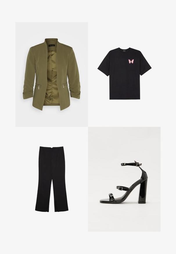 Olivengrüner leichter Blazer mit einem glatten Futter, offenem Vorderteil und zwei Reißverschlusstaschen. Mit rüschierten Ärmeln und ohne Kragen.; Schwarzes Baumwoll-T-Shirt mit kurzen Ärmeln, das ein kleines pinkes Schmetterlingsmotiv auf der linken Brust zeigt. Crewneck-Design mit einem entspannten Schnitt.; Schwarze Hose mit geradem Schnitt, ausgestattet mit Fronttaschen und Seitenschlitzen am Saum. Hergestellt aus weichem, glattem Stoff. Geeignet für verschiedene Anlässe.; Schwarze Lackleder-Sandalen mit hohen Absätzen, zwei Riemen mit Schnallen, quadratischer Zehenpartie und klobigem Blockabsatz, mit einer glatten, glänzenden Textur.