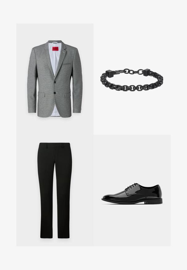 Blazer grigio a fantasia con rever a punta, due bottoni e due tasche frontali. Foderato in tessuto azzurro chiaro e presenta un'etichetta rossa del marchio all'interno.; Maglione a collo alto nero in un morbido tessuto a maglia. Caratterizzato da maniche lunghe e una vestibilità aderente con un colletto e orlo a coste. Branding minimale.; Pantaloni neri con una vestibilità sartoriale, caratterizzati da una superficie liscia e un design a gamba dritta. La vita ha passanti per la cintura e una finitura pulita.; Scarpa da uomo in vernice nera con punta tonda, design con lacci e superficie liscia e lucida. Presenta una suola in gomma a profilo basso.; Bracciale in metallo nero con catena caratterizzato da anelli intrecciati, dettagli squadrati e una superficie liscia. Design regolabile per una vestibilità migliore.