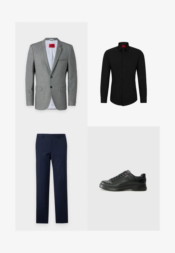 Szürke mintázatú zakó, tört gallérral, két gombbal és két elülső zsebbel. Világoskék béléssel rendelkezik, és piros márkajelzés található a belsejében.; Fekete, hosszú ujjú ing gombos elülső részel, klasszikus gallérral és lekerekített aljjal; fekete gombokkal és egy piros logóval a gallér belsejében.; Sötétkék nadrág, testhez álló szabással, sima felülettel, éles gyűrődésekkel és lapos elülső dizájnnal. Rejtett cipzáras záródás.; Fekete bőr sportcipő, textúrált felsőrésszel, párnázott bokarésszel és piros logóval. Vastag gumitalppal rendelkezik, amely jellegzetes futási mintázattal bír.