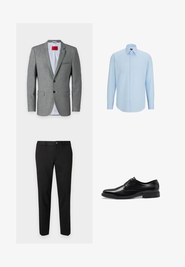 Blazer à motifs gris avec un col cranté, deux boutons et deux poches avant. Doublé de tissu bleu clair et comporte une étiquette de marque rouge à l'intérieur.; Chemise de dress bleu clair à manches longues, en tissu lisse, dotée d'une fermeture à boutons, d'un col pointu et d'une coupe classique.; Pantalon noir en tissu lisse. Ils présentent une coupe droite, un devant plat et une fermeture à bouton avec un design de taille simple.; Chaussure habillée en cuir noir avec une finition lisse, un design à lacets, un bout arrondi et des détails de couture subtils. Elle se distingue par sa semelle en caoutchouc noire.