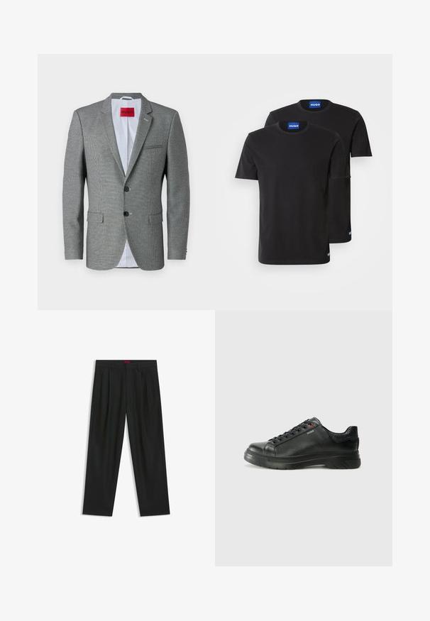 Grau gemusterter Blazer mit Reverskragen, zwei Knöpfen und zwei Fronttaschen. Mit leicht blauer Stoff gefüttert und hat ein rotes Markenschild innen.; Zwei schwarze Baumwoll-T-Shirts mit Rundhals, kurzen Ärmeln und blauen "HUGO"-Labels an den Kragen und seitlichen Säumen.; Schwarze Hose mit einem gefältelten Design, weiter Beinform und glatter Textur. Verfügt über ein rotes Taillenlabel.; Schwarze Leder-Sneaker mit strukturiertem Obermaterial, gepolstertem Kragen und rotem Logo-Detail. Verfügt über eine dicke Gummisohle mit markantem Profil.