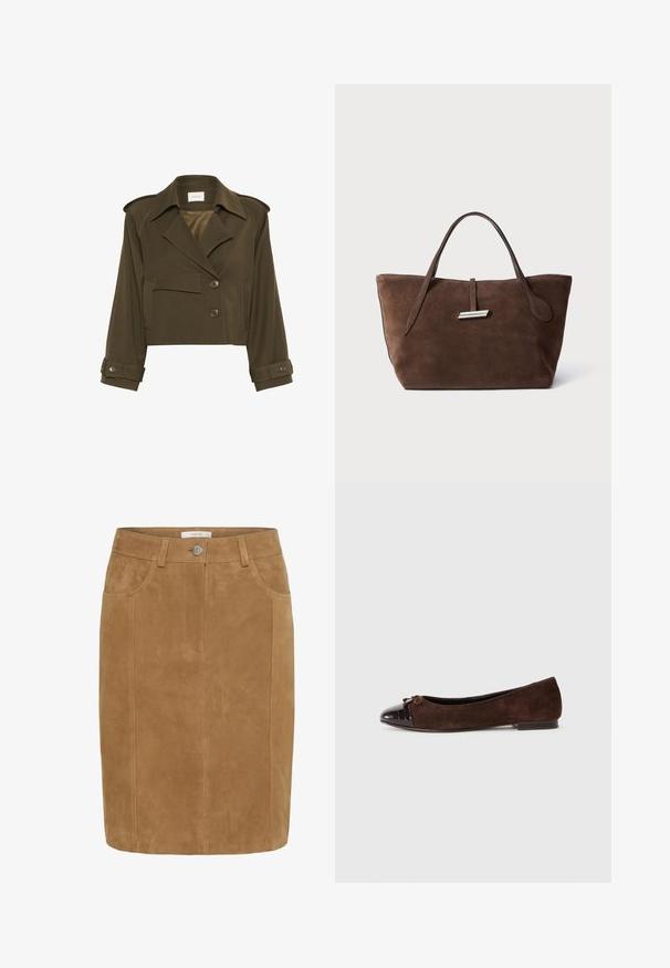 Chaqueta corta de color verde oliva con diseño de doble botonadura, grandes solapas, dos bolsillos frontales y detalles de botones en los puños.; Camisa de cuello alto de manga larga marrón, con un ajuste slim, hecha de un tejido ligero y ligeramente transparente.; Falda lápiz de ante marrón con una textura suave, bolsillos frontales, cierre de botón y detalles de costura vertical.; Bailarinas de ante marrón con una puntera de charol marrón oscuro brillante y un pequeño lazo decorativo en la parte frontal. Suela plana.; Bolso tote de ante marrón con dos asas blandas, una correa vertical con un acento plateado y una parte superior ancha y abierta. Textura suave, diseño minimalista.