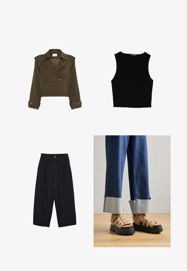 Oliwkowa krótka kurtka o podwójnym zapięciu, z dużymi klapami, dwoma przednimi kieszeniami i detalami w postaci guzików na mankietach.; Czarny bezrękawnik crop top z gładkiego materiału, z okrągłym dekoltem i czystym, prostym wzornictwem, bez wzorów czy metalowych elementów.; Czarne spodnie culotte z poliestru z elastycznym pasem, dwoma fałdami z przodu i luźnym krojem. Brak widocznych wzorów lub elementów metalowych.; Beżowe sandały na platformie z grubymi czarnymi podeszwami, z wieloma paskami dla wsparcia. W zestawie z jasnoniebieskimi dżinsami z podwiniętymi nogawkami.