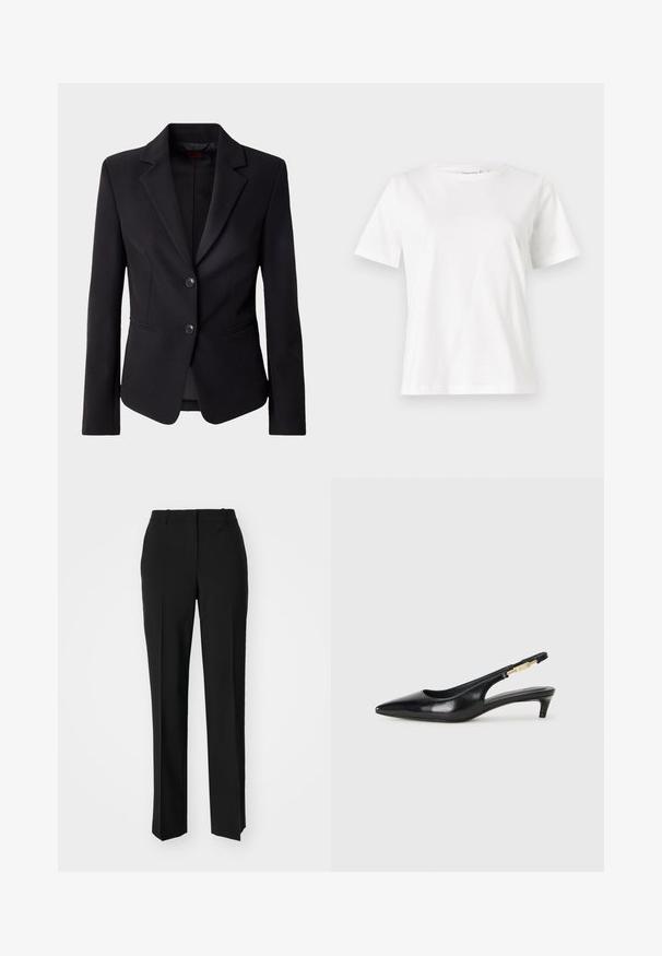 Črn po meri narejen blejzer z zarezenim ovratnikom, dvema sprednjima gumboma in stranskima žepoma, prikazan na enobarvnem belem ozadju.; Bela bombažna majica s kratkimi rokavi, okroglo izrezana in ohlapnega kroja. Gladka tekstura, brez vzorcev ali dodatkov, minimalističen dizajn.; Črne krojene hlače s direktnim krojem, ki se ponašajo z gladko teksturo in ostrimi pregibi spredaj. Ni vidne kovine.; Črne usnjene sandale na peto z ostro konico, ki imajo tanko peto in zlat ton na nastavljivem traku. Gladka tekstura.