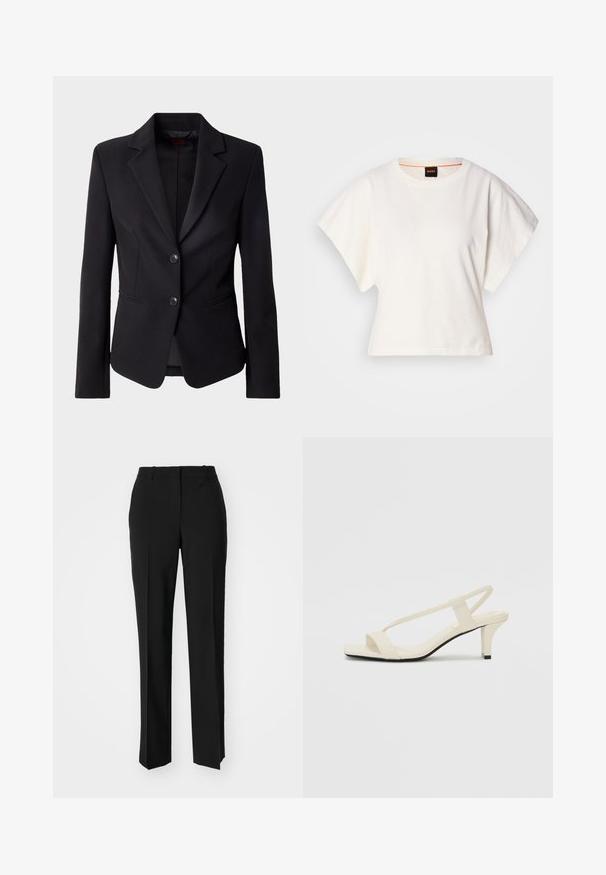 Zwarte, op maat gemaakte blazer met een notch lapel, twee voorknopen en zijzakken, weergegeven tegen een effen witte achtergrond.; Witte gecropte T-shirt, korte brede mouwen, zachte katoenmaterialen, ronde halslijn met subtiele oranje rand, minimalistisch ontwerp, geen patronen of graphics.; Zwarte op maat gemaakte broek met een recht model, voorzien van een soepele textuur en scherpe plooien aan de voorkant. Geen zichtbare hardware.; Beige blockhak sandalen met dunne bandjes en een vierkante neus. Glad materiaal met minimale details, ontworpen voor eenvoudig dragen.