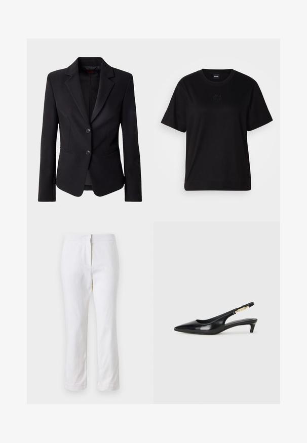Crni sako sa oštrim reverima, dva prednja dugmeta i bočnim džepovima, prikazan na jednostavnoj bijeloj pozadini.; Crna pamučna majica s okruglim izrezom, kratkim rukavima i izvezenim logotipom na prsima. Jednostavan, opušten kroj bez uzorka.; Bijele pamučne hlače ravnog kroja, sa strukom srednje visine i bez vidljivih metalnih dijelova ili uzoraka. Glatka tekstura kroz cijelu dužinu.; Crne kožne sandale s petom, s izduženim vrhom, imaju usku petu i zlatni akcent na podesivoj traci. Glatka tekstura.
