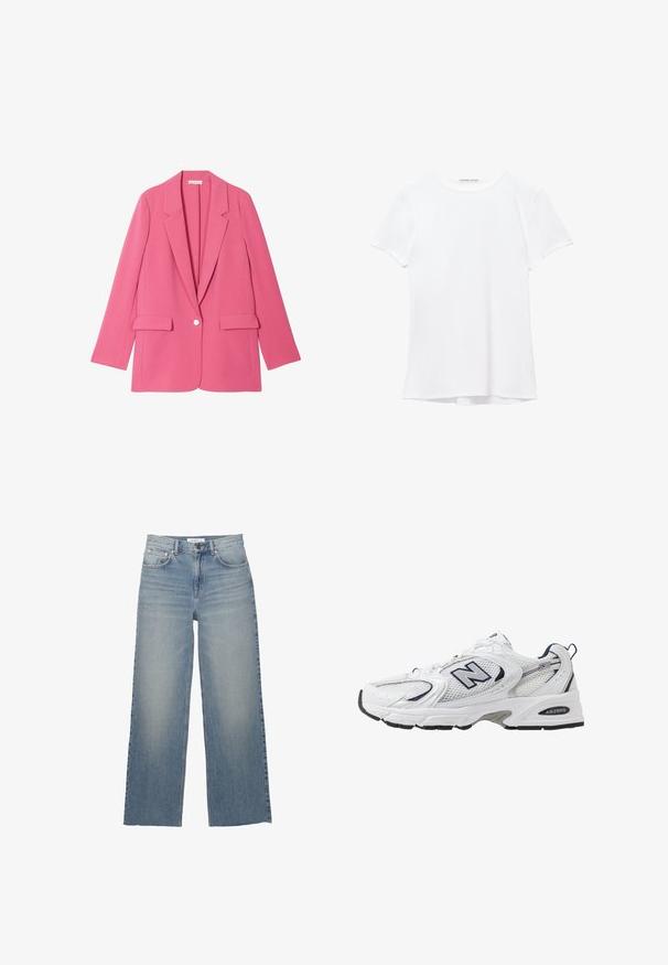 Rosa maßgeschneiderte Blazerjacke mit langen Ärmeln, Reverskragen und zwei Vordertaschen. Einzelne Knopfverschluss in der Mitte. Glatter, strukturierter Stoff.; Weißes T-Shirt mit kurzen Ärmeln aus glatter Stoffqualität, mit rundem Ausschnitt und dezenten Nähten am Saum.; Helle blaue weit geschnittene Jeans aus Denim mit hoher Taille, vorderen Taschen und einem Knopfverschluss. Glatte Textur mit ausgewaschenen Stellen.; Weißer Sportschuh mit Mesh-Obermaterial, navyblauen Akzenten und gepolsterter Sohle. Verfügt über das "N"-Logo, Schnürsenkel und eine strukturierte Detailverarbeitung an der Seite.