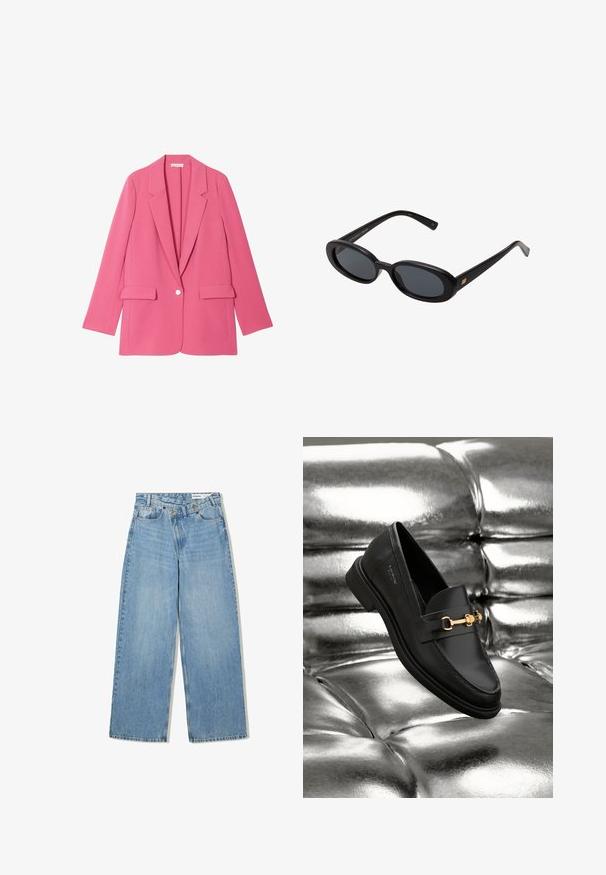 Blazer fucsia su misura con maniche lunghe, rever a doppio petto e due tasche frontali. Chiusura con un bottone al centro. Tessuto liscio e strutturato.; Maglietta bianca a maniche lunghe, con scollo rotondo, vista da dietro, posata piatta su uno sfondo bianco.; Jeans azzurri a gamba larga realizzati in denim, con vita alta, cinque tasche, chiusura a bottone e una leggera scoloritura per aggiungere texture.; Mocassino in pelle nera con dettagli in metallo dorato. La scarpa presenta un design elegante e una texture liscia e lucida.; Occhiali da sole neri oversize con lenti ovali, montatura in plastica liscia e accenti dorati sulle tempie. Le lenti scure offrono protezione dal sole.