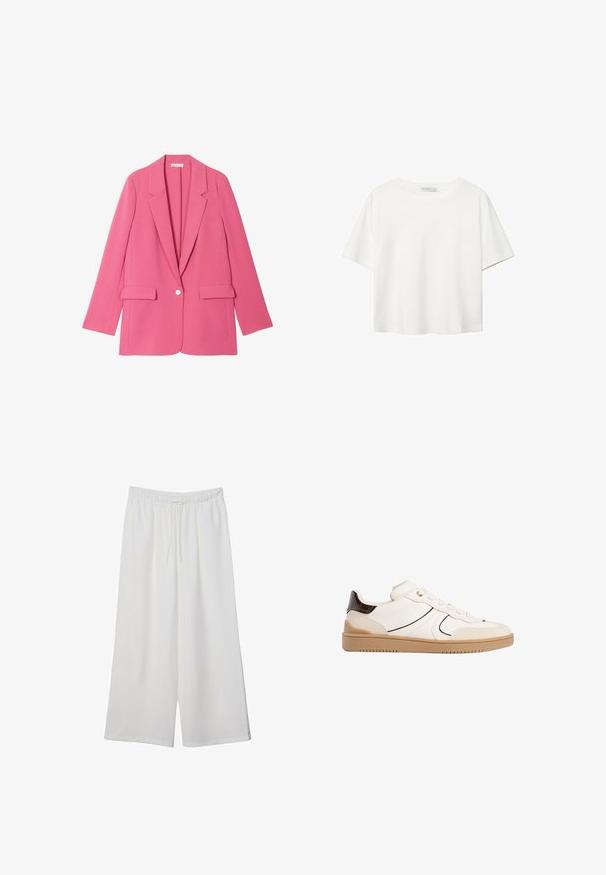Blazer ajusté rose à manches longues, avec revers crantés et deux poches avant. Fermeture à un bouton au centre. Tissu lisse et structuré.; T-shirt blanc à manches courtes en coton. Doté d'un col ras du cou et d'une coupe décontractée. Texture lisse sans motifs ni accents visibles.; Pantalons larges blancs en tissu léger, avec une taille élastique et un cordon de serrage pour un ajustement réglable. Texture lisse.; Stradivarius Baskets basses - white
