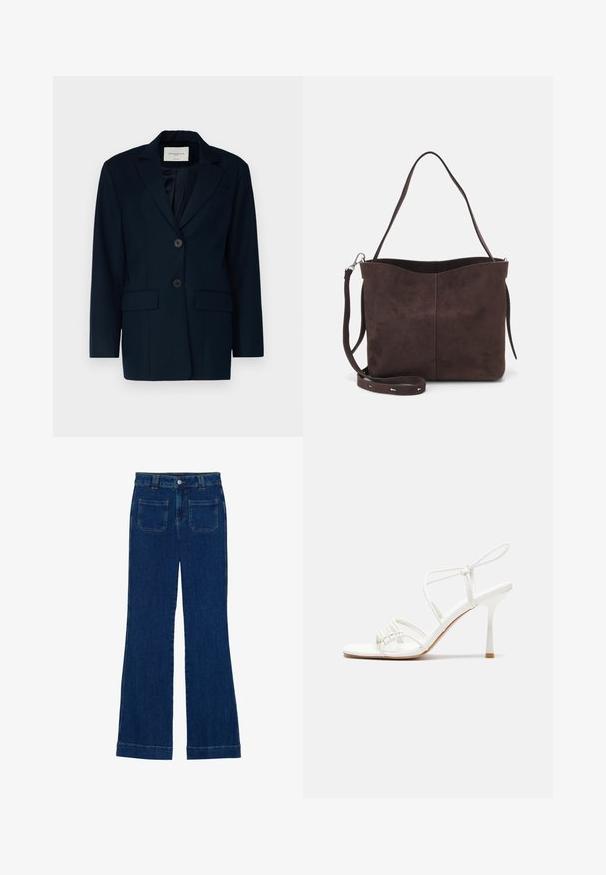Námornícky blejzer vyrobený z hladkej látky so špicatým klopom, dvoma gombíkmi a dvoma prednými vreckami. Strih prispôsobený postave so štruktúrovaným strihom.; Dve bavlnené crop tops v bielej a čiernej farbe. Každý má hlboký výstrih a tenké ramienka, s hladkou, jemnou textúrou.; Džínsy s rozšírenými nohavicami v tmavo modrej farbe s hladkou textúrou, dizajnom s piatimi vreckami a gombíkovým zapínaním v oblasti pása.; Biele sandále na vysokom podpätku so štíhlym remienkom okolo členku a plochou základňou na prsty, textúrovaný predok so zhluky akcentov.; Hnedá semišová taška s mäkkou textúrou, vybavená jedným ramenným popruhom a jemne zakriveným horným otvorom. Bez viditeľných hardvérových detailov.