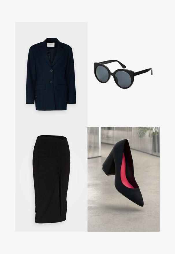 Marineblazer laget av glatt stoff med klappet krage, to knapper og to frontlommer. Skreddersydd form med en strukturert passform.; Svart ribbet tanktopp med scallop lace detaljer i kanten. Har tynne stropper og en kroppsnær design. Laget av elastisk stoff.; Svart, rynket blyantskjørt med knyting og sidelits. Laget av et elastisk stoff, med en glatt tekstur og en kroppsnær passform.; Svart høye hæler med spiss tå, teksturert overflate og en livlig rosa innside. Har en kraftig hæl med sølvdetaljer.; Sorte oversized solbriller med katteøye-form, mørkt tonede linser og blank plastikkinnramme. Har tykke stenger for støtte.