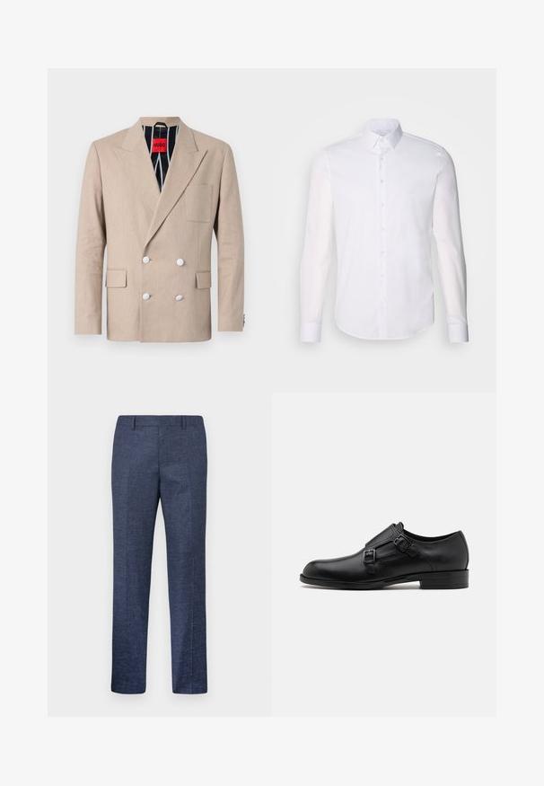 Beige doppelt-knöpfbarer Blazer aus strukturiertem Stoff, mit vier weißen Knöpfen, Reverskragen und einer einzelnen Brusttasche. Gefüttert mit gestreiftem Stoff.; Weißes Langarm-Hemd aus Baumwolle, mit klassischem Kragen, vorderen Knöpfen und minimalen Nähdetails.; Marineblaue Hose aus einem strukturierten Stoff, mit geraden Beinen, flachem Vorderteil und zwei seitlichen Taschen. Keine sichtbaren Muster oder Akzente.; Schwarze Leder- Schnürschuhe mit doppelten Schnallen, schlanker Silhouette und runder Zehenpartie. Sie verfügen über einen niedrigen Absatz und eine glatte Textur.