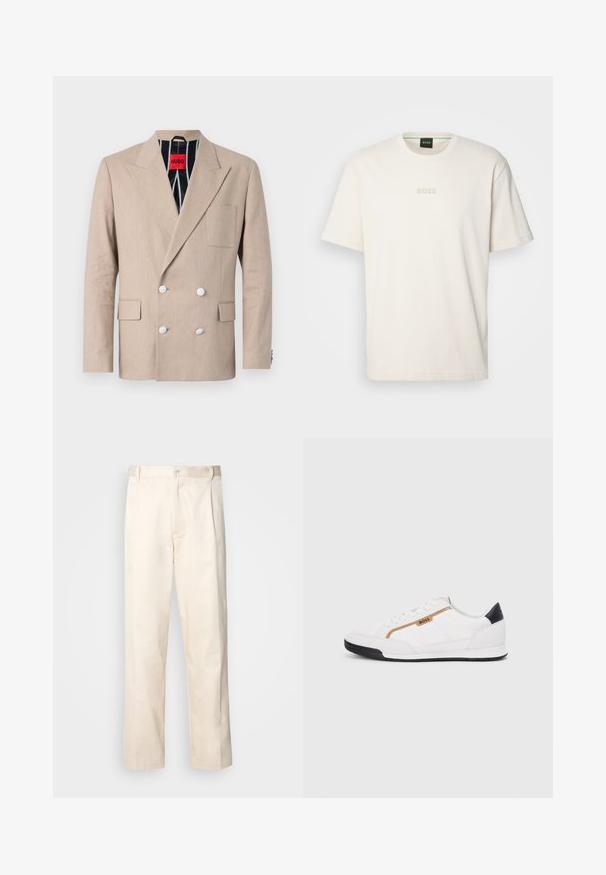 Blazer beige de doble botonadura hecho de tela texturizada, con cuatro botones blancos, solapas con muesca y un bolsillo en el pecho. Forrado con tela a rayas.; BOSS TEE - Camiseta básica - open white; Pantalones de algodón beige con corte recto, que cuentan con un cierre de botón y pliegues en la parte frontal para un detalle adicional.; Zapatillas deportivas blancas con acentos de malla y cuero. Presentan un logotipo dorado de "BOSS", paneles laterales texturizados y una tapa de talón negra. Suela de goma.