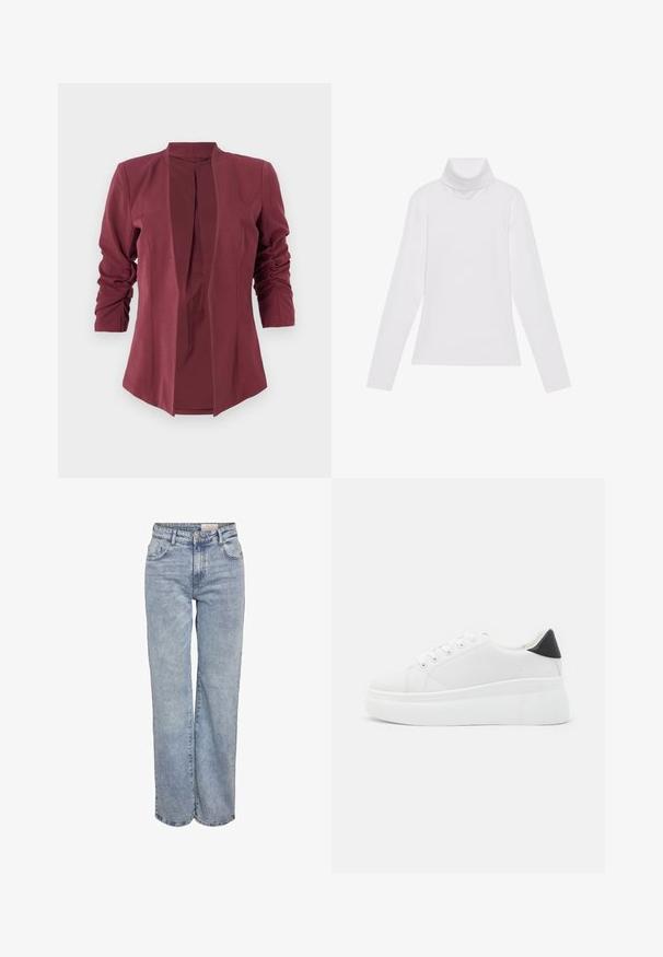 Bordo blejzer z dolgimi rokavi, sprednjim odprtjem in diskretnimi gubami. Narejen iz gladkega materiala z oblikovanim krojem in brez zapiranj.; Bela dolga majica s turtleneck ovratnikom, izdelana iz gladke, raztegljive tkanine. Ima visok ovratnik in prilega telesu, brez vidnih vzorcev ali okrasitev.; Svjetloplave široke traperice od denima, sa visokim strukom, dizajnom s pet džepova i suptilnim blijeđenjem za izgled nakon nošenja.; Bele platform tenisice izdelane iz gladkega sintetičnega materiala, z zaobljenim prstom, sistemom vezalk in teksturiranim gumijastim podplatom. Črn dodatek na peti.