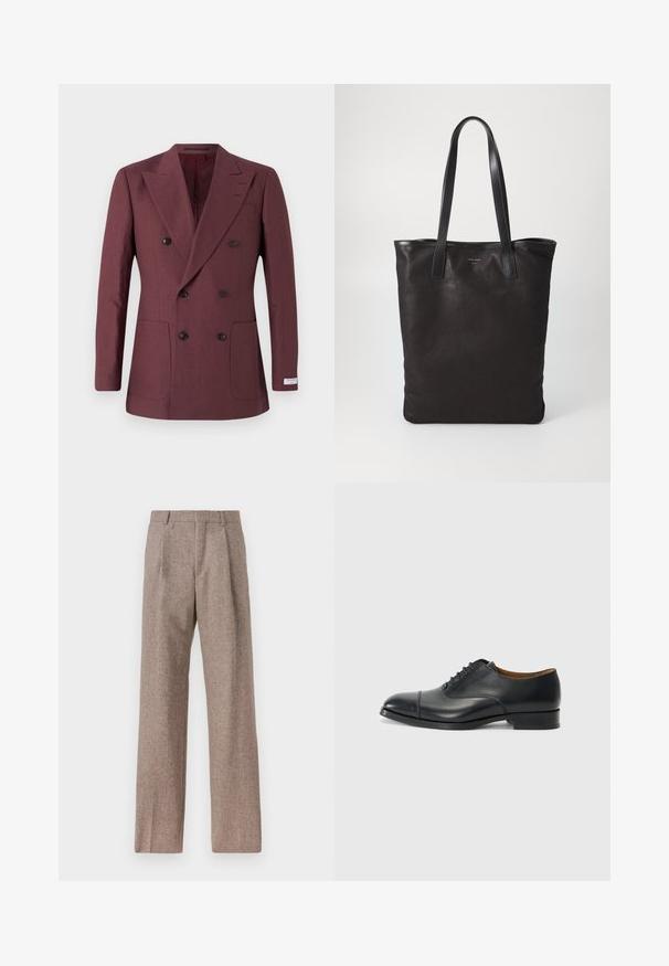 Blazer doppiopetto bordeaux realizzato in tessuto strutturato, con due tasche frontali, revers a punta e bottoni neri.; Camicia bianca a maniche lunghe con bottoni, realizzata in tessuto morbido, caratterizzata da un colletto standard e una fila di bottoni simili a perle sul davanti.; Pantaloni marroni a vita alta realizzati in tessuto testurizzato. Presentano gambe ampie e due pieghe frontali per struttura. Rifinitura curata senza hardware visibile.; Scarpa da donna nera in pelle con finitura liscia, punta arrotondata, cinque passanti per i lacci e tacco basso a blocco. Design minimalista con cuciture sottili.; Borsa tote in tela nera con manici in pelle nera. Design semplice, corpo spazioso e texture liscia. Nessun logo o motivo visibile.