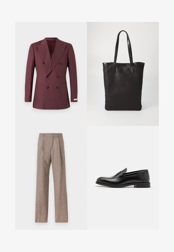 Sacou bleumarin cu două rânduri de nasturi, dintr-un material texturat, având două buzunare în față, rever ascuțit și nasturi negri.; Cămașă albă cu guler, având dungi verticale subtile, mâneci lungi, un buzunar la piept și un tiv clasic rotund.; Pantaloni bej, cu talie înaltă, dintr-un material texturat. Prezintă picioare late și două pliseuri frontale pentru structură. Finisaj îngrijit, fără accesorii vizibile.; Mocasini din piele neagră cu o textură netedă, vârf rotund și o curea decorativă peste partea superioară. Toc mic, design minimalist.; Geantă de umăr din pânză neagră cu mânere din piele neagră. Design simplu, corp spațios și textură netedă. Fără logo-uri sau modele vizibile.