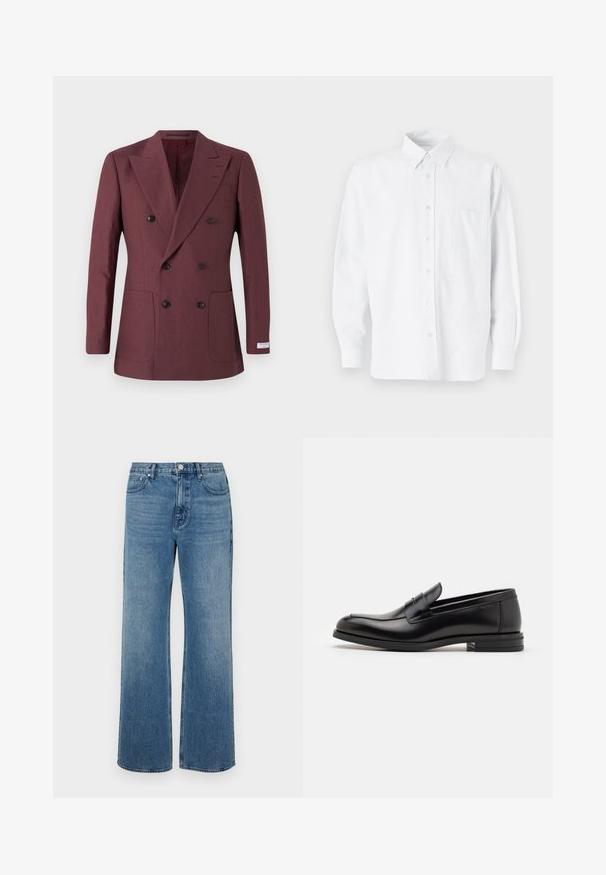Blazer burdeos de doble botonadura hecho de tejido texturizado, con dos bolsillos frontales, solapas de picos y botones negros.; Camisa blanca de botones con cuello, con sutiles rayas verticales, mangas largas, un bolsillo en el pecho y un dobladillo redondeado clásico.; Pantalones vaqueros de pierna ancha en denim con un acabado desgastado. Presenta cinco bolsillos, un cierre de botón en la parte delantera y un corte recto.; Mocasines de cuero negro con una textura suave, puntera redondeada y una tira decorativa en el empeine. Tacón bajo apilado, diseño minimalista.