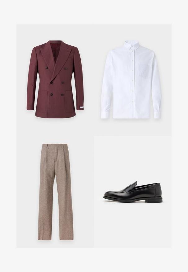 Bordo dvigubai užsegamas švarkas, pagamintas iš tekstūruotos medžiagos, turi dvi priekinės kišenes, smailas atlapas ir juodus mygtukus.; Balta ilga rankovė mygtukų marškiniai, pagaminti iš medvilnės, su krūtine kišene ir toniniu siuvinėjimu, apykakle ir mygtukų apvadu.; Rudos, aukšto liemens kelnes, pagamintas iš tekstūruotos medžiagos. Plati kojos, dvi priekinės klostės struktūrai. Tvarkingas apdailos darbai, be matomų detalių.; Juodos odinės loafers, turinčios lygų paviršių, apvalią noselę ir dekoratyvinę juostą per priekinę dalį. Žemas krentantis kulnas, minimalistinis dizainas.