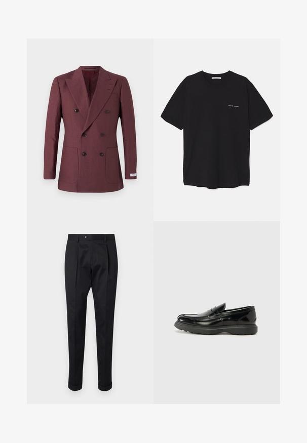 Blazer burdeos de doble botonadura hecho de tejido texturizado, con dos bolsillos frontales, solapas de picos y botones negros.; Camiseta de algodón negra con cuello redondo, mangas cortas y un estampado de logo blanco en el lado izquierdo del pecho. Diseño simple y de color sólido.; Pantalones negros de tejido suave, con un pliegue en la parte delantera, cierre de botón y puños enrollados en el tobillo.; Mocasín de cuero negro con un acabado brillante, punta redondeada, detalles de costura sutiles y una suela de goma gruesa para mayor durabilidad.