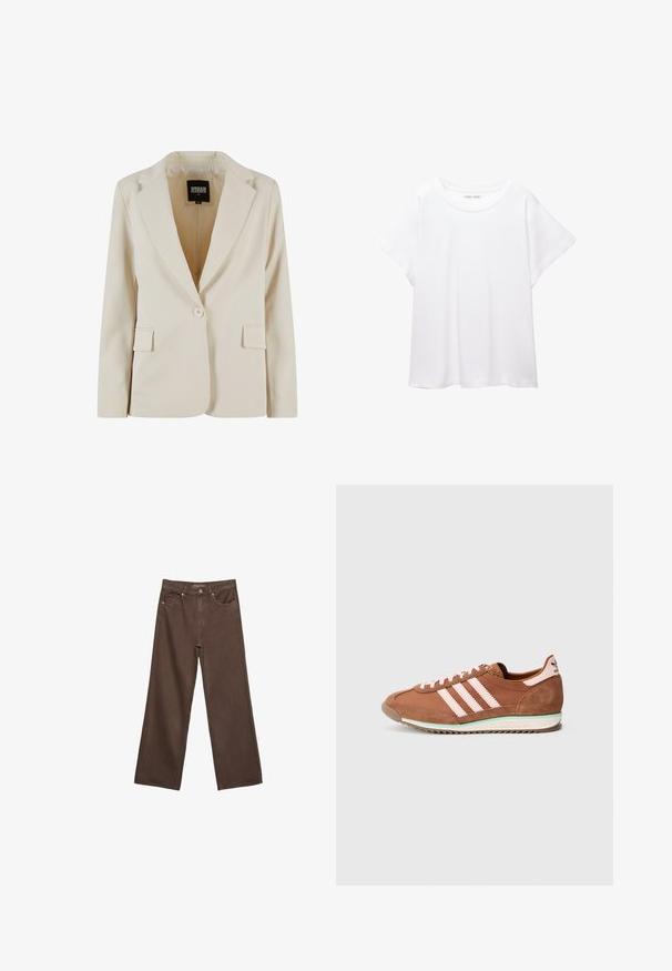 Svetlo béžový sak s upraveným strihom, s klopovým golierom, jedným gombíkom, dvomi prednými vreckami a hladkou textúrou. Interiér obsahuje značkovú nálepku.; Biele tričko vyrobené z mäkkého, ľahkého materiálu. Má okrúhly výstrih a krátke, široké rukávy s uvoľneným strihom. Bez viditeľných vzorov.; Džínsy s širokými nohavicami v hnedej farbe, vyrobené z denimu, so zvýšeným pásom, prednými vreckami a klasickým zapínaním na gombík. Hladká textúra s jemným prešívaním.; Hnedý a ružový teniska Adidas s detailmi zo semišu, tromi ružovými pruhmi na boku a bielou podrážkou so zeleným akcentom.