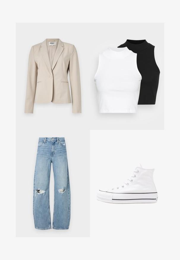 Bēša žakete, kas izgatavota no gluda auduma, ar iedobtu apkakli, vienu pogu un divām sānu kabatām. Minimalistisks dizains ar pielāgotu piegriezumu.; Divi bez piedurknēm riboti turtleneck topi melnā un baltā krāsā, ar pieguļošu dizainu un gludu faktūru, ar īsu garumu.; Gaiši zili, augstās vidukļa džinsi, kas izgatavoti no denima. Iespējas plašas kājas, divas plēstas ceļa daļas un klasiskā piecu kabatu dizains.; Balti augstie kanvas sporta apavi ar melnu gumijas zoli, priekšējo gumijas purngalu un sešām acīm lencēm, kuriem ir tīrs, minimālistisks dizains.