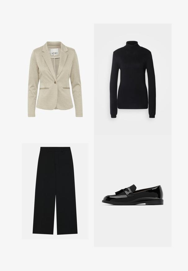 Blazer a scacchi beige con colletto a punte, chiusura a un bottone, due tasche frontali e una finitura in tessuto texturizzato.; Pullover nero con collo alto realizzato in un morbido tessuto a maglia, caratterizzato da maniche lunghe e una silhouette aderente con collo e orlo a costine.; Pantaloni neri a gamba larga realizzati in un tessuto liscio. Presentano una vita piatta con passanti per la cintura e senza tasche visibili. Design semplice.; Mocassini in vernice nera con tacco piatto, caratterizzati da una nappa decorativa e una superficie liscia, progettati con punta rotonda e cuciture sottili.