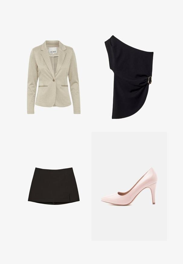 Bajer u bež karo uzorku s oštrim kragnom, zatvaranjem na jedan gumb, dva prednja džepa i teksturiranim završetkom tkanine.; Asimetrična crna majica napravljena od glatkog materijala, sa nabranim dizajnom i zlatnim detaljem s jedne strane.; Crna mini suknja od glatkog materijala, ravnog kroja s bočnim prorezima i urednim rubom. Jednostavna i svestrana.; Ružičasti sijajući kožni visoki potpeticama s oštrim vrhom i elegantnom siluetom, s potpeticom od 10 cm i glatkom završnom obradom.