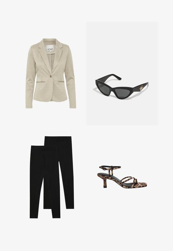 Bežový károvaný blazer s rázšitym golierom, jedným gombíkom na zapínanie, dvoma prednými vreckami a textúrovaným povrchom.; Dvoje dlhých rolákov, jeden biely a jeden čierny, vyrobených z hladkej, elastickej tkaniny, obidva so slim-fit strihom a vysokými goliermi.; Čierne legíny vyrobené z elastického materiálu, s bezšvovým pásom a elegantným strihom, vhodné na bežné nosenie alebo cvičenie.; Sandále na podpätku s leopardím vzorom, s hranatou špičkou, viacerými popruhmi a stredne vysokým podpätkom. Vyrobené z mäkkého textilného materiálu.; Slnečné okuliare v tvare mačacích očí s matným čiernym plastovým rámom, tmavými sklami a zlatým logom na bočnej strane. Ostrý dizajn a hladká textúra.