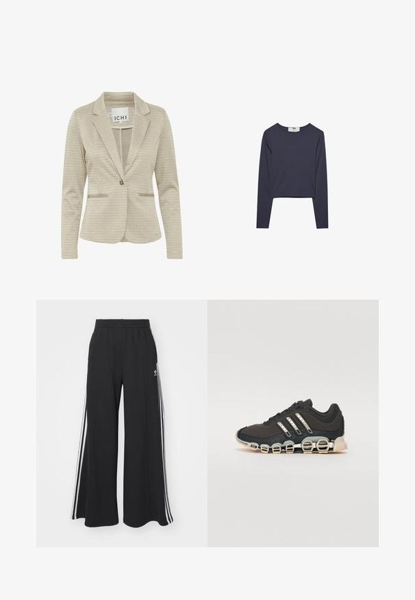 Beige karierter Blazer mit Reverskragen, einem einzigen Knopfverschluss, zwei vorderen Taschen und einer strukturierten Stoffoberfläche.; Langarm-Crop-Top in Dunkelblau, aus leichtem Stoff, mit einem runden Ausschnitt und einer glatten, gleichmäßigen Textur.; Schwarze weite Sweatpants mit elastischem Bund, versehen mit weißen Seitestreifen und einem gestickten Logo auf dem linken Oberschenkel.; Schwarzer Sportschuh mit einer strukturierten Oberseite, drei silbernen Streifen und einer markanten Dämpfungssohle mit mehreren integrierten Sektionen.