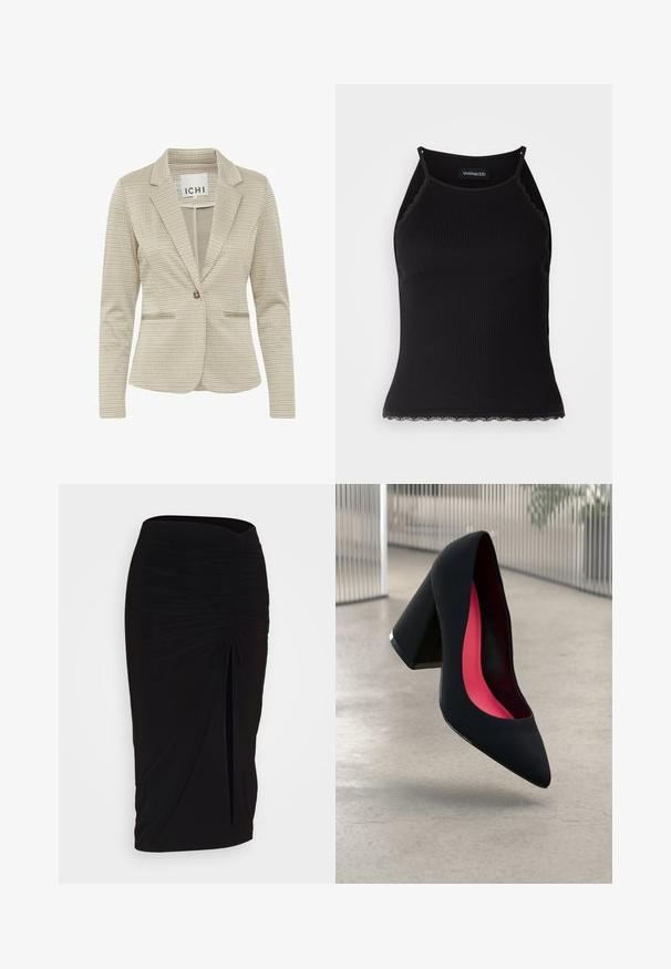 Smėlio spalvos languotas švarkas su išskirtu apykakle, vienu mygtuko užsegimu, dviem priekinėmis kišenėmis ir tekstūruotu audinio paviršiumi.; Juodas raštuotas marškinėlis be rankovių su banginiu nėriniu apdaila apatine dalimi. Savybės: plonos petnešos ir prigludusi forma. Pagaminta iš tamprios medžiagos.; Juoda, raukšlėta pieštuko sijonas su raišteliu ir šoniniu įpjovimu. Pagamintas iš elastingos medžiagos, pasižymi lygiu paviršiumi ir prigludusia forma.; Juodas aukštakulnis batai su smailiu pirštu, su tekstūruota paviršiumi ir ryškiai rožiniu vidumi. Su tiek dideliu kulnu, tiek sidabriniu akcentu.